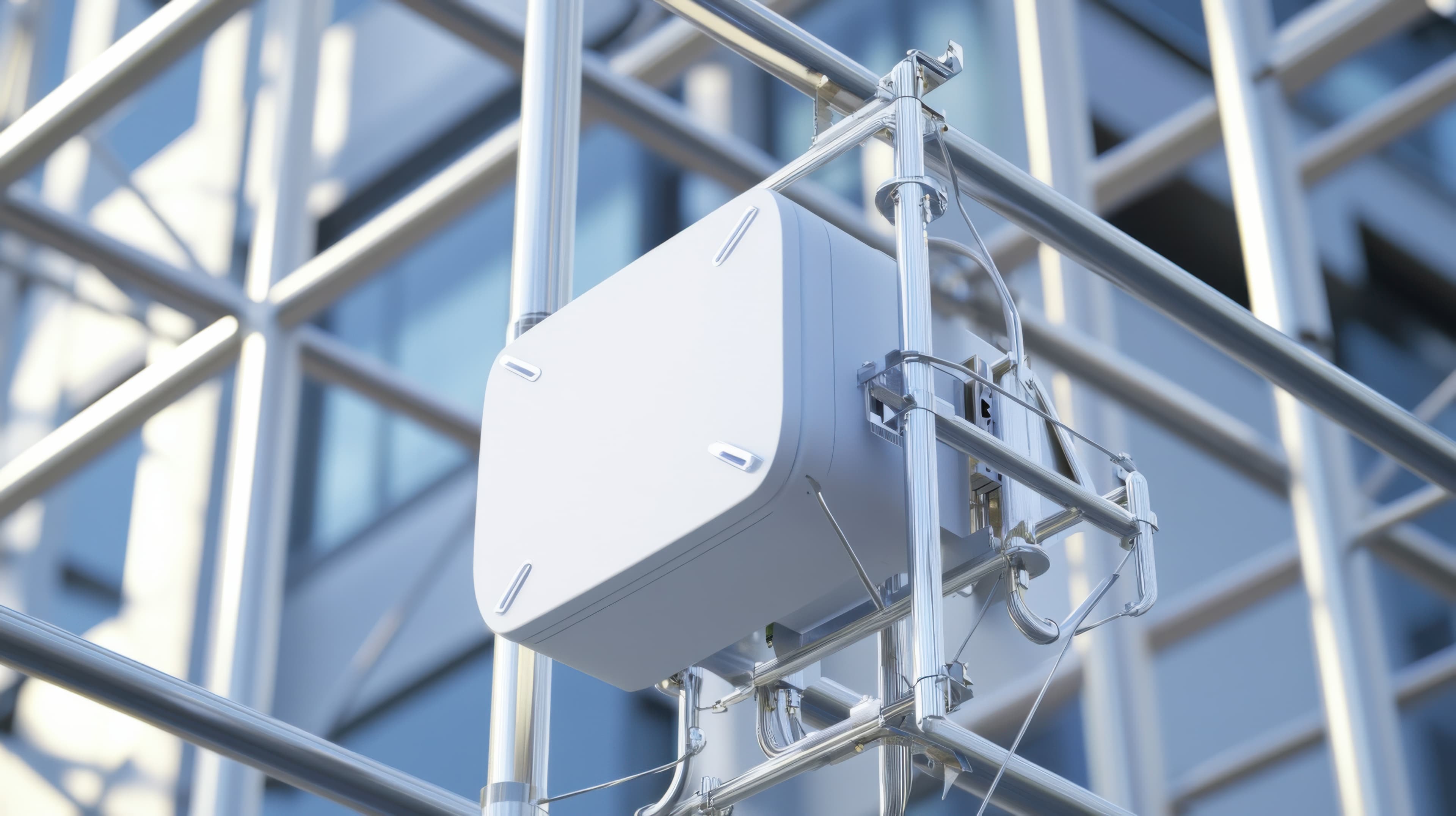 Vue détaillée d’une antenne 5G, facilitant la communication sans fil à haute vitesse en zones urbaines, style technologie 5G