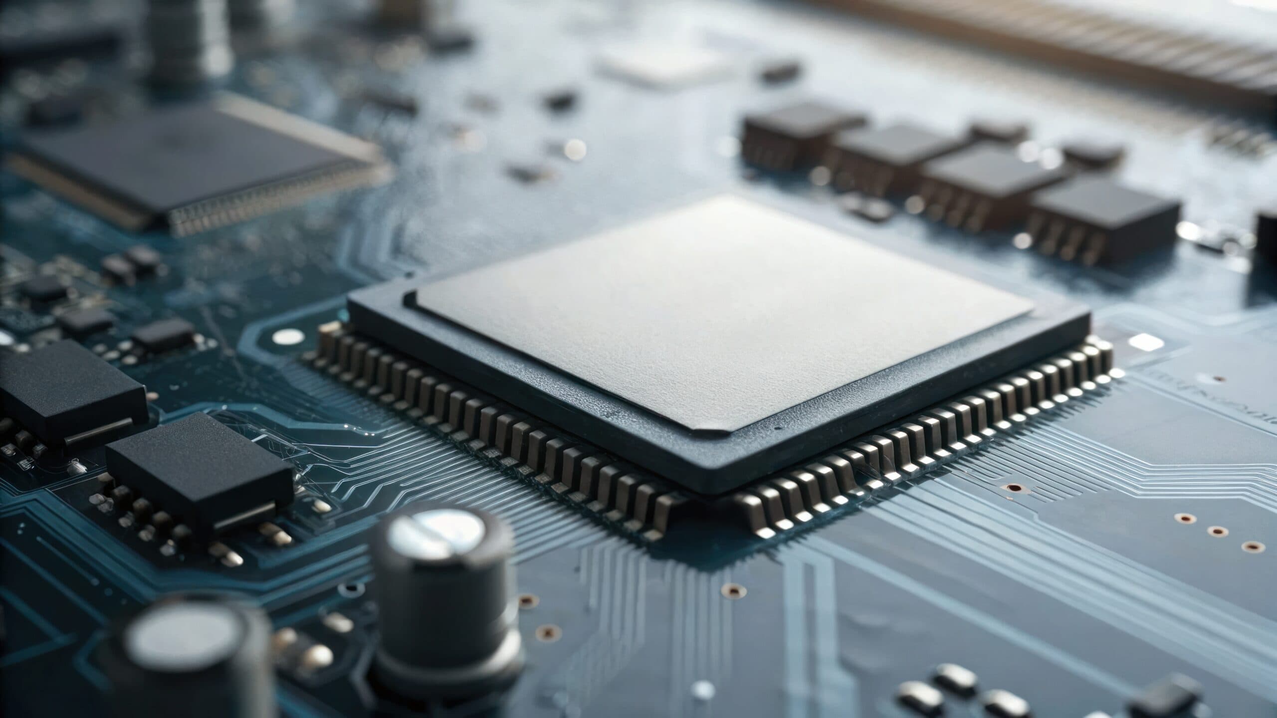 Vue rapprochée d’un microprocesseur sur une carte électronique, mettant en avant les composants et connexions complexes.