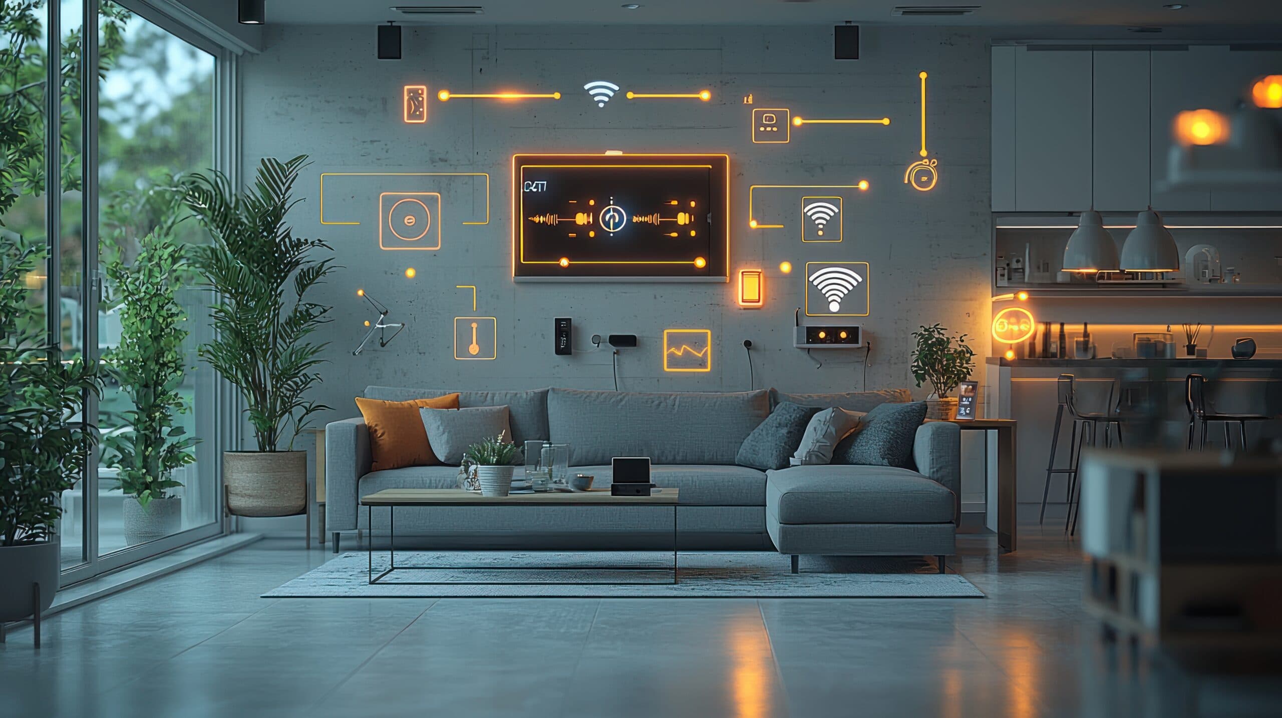 Technologie maison intelligente : salon futuriste avec appareils IoT intégrés