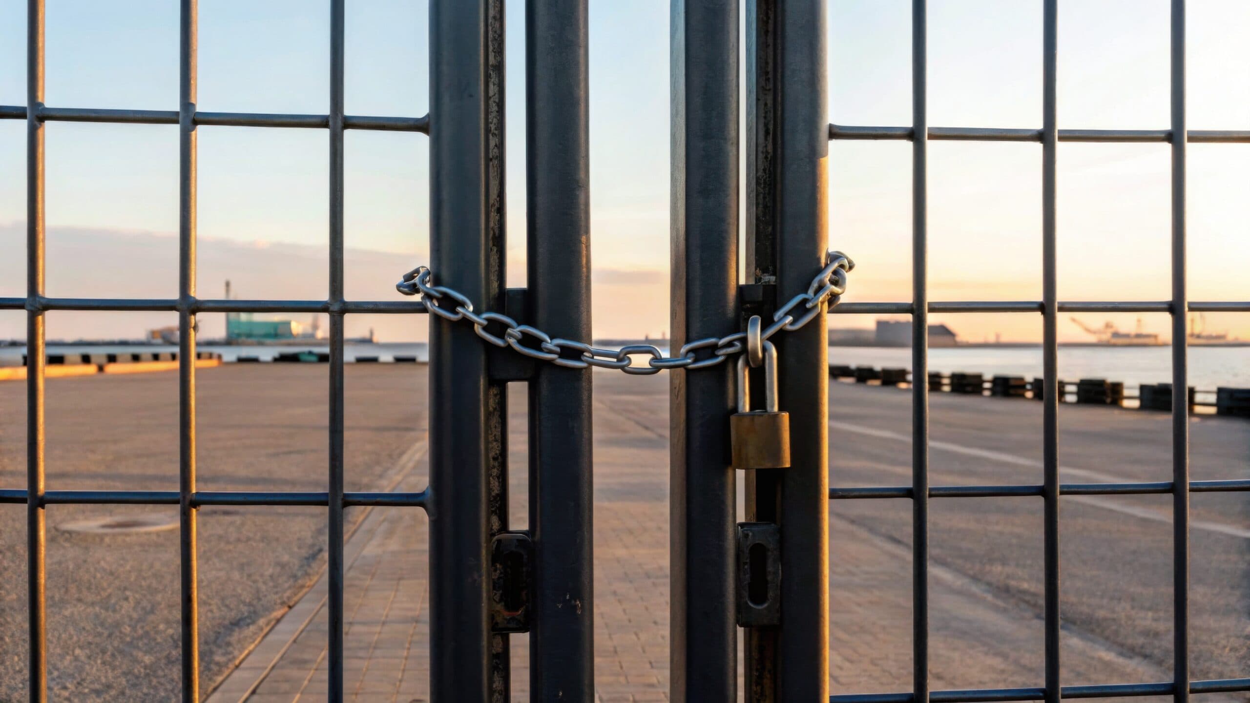 Une porte verrouillée sécurisée par une chaîne au coucher du soleil, donnant sur un front de mer calme, symbolisant la restriction et les limites.