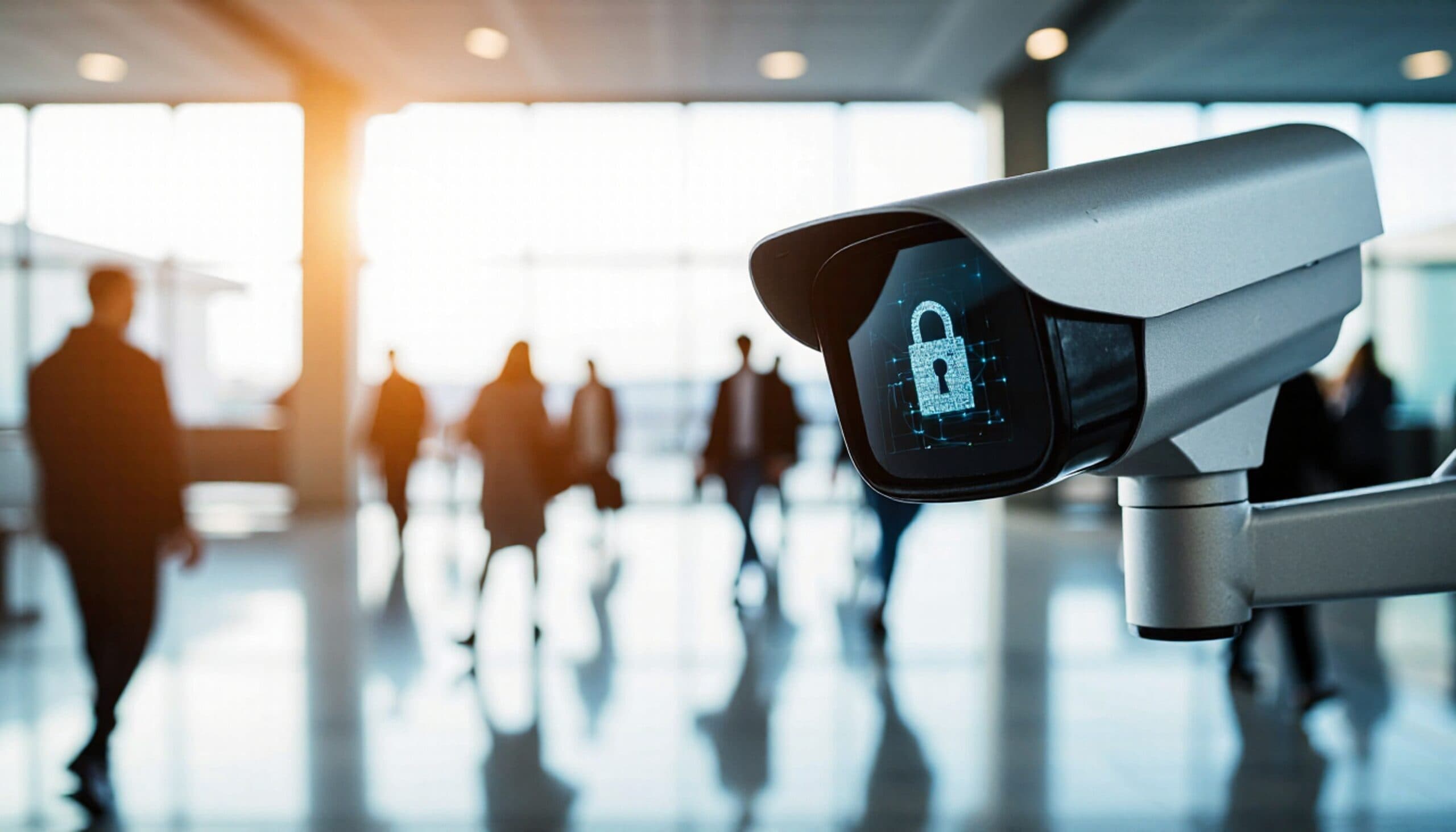 Caméra de sécurité moderne avec icône de serrure numérique surveillant un espace public fréquenté – surveillance et protection avancées